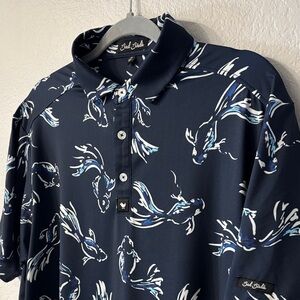 Bad Birdie Men's Navy and White Koi Fish Print Performance Polo